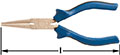 A pair of blue-handled round nose pliers, lying horizontally, with grips at the beginning of the handle near the plier head, and flared wide handle.  A double-headed arrow beneath, indicating measurement length from tip to handle end.